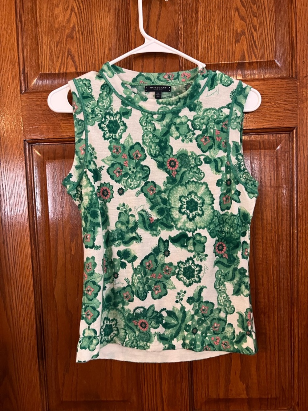 Burberry London Green Floral Print Sleeveless Pullover 100% Merino Wool